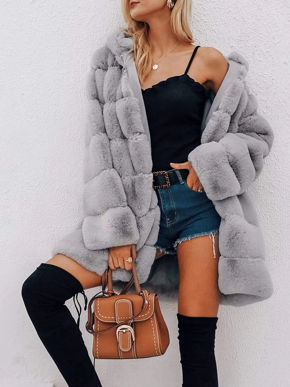 HALEY Faux Fur Overcoat in Gray