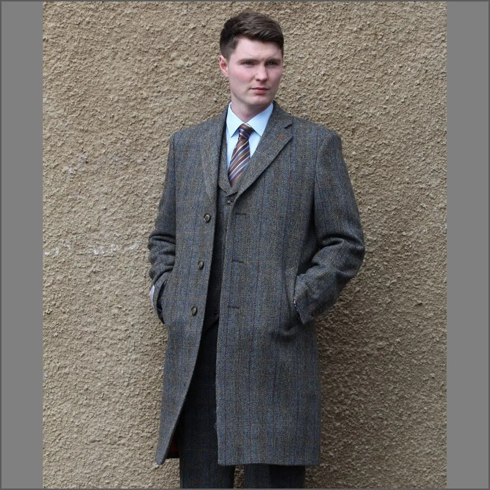 Harris Tweed Brown Blue Herringbone Overcoat--