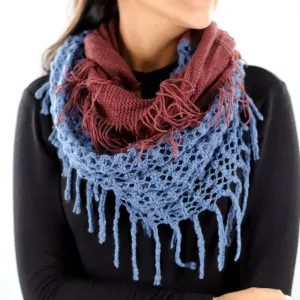 Infinity Scarf w/ Open Knit & Fringe - Blue/Brown