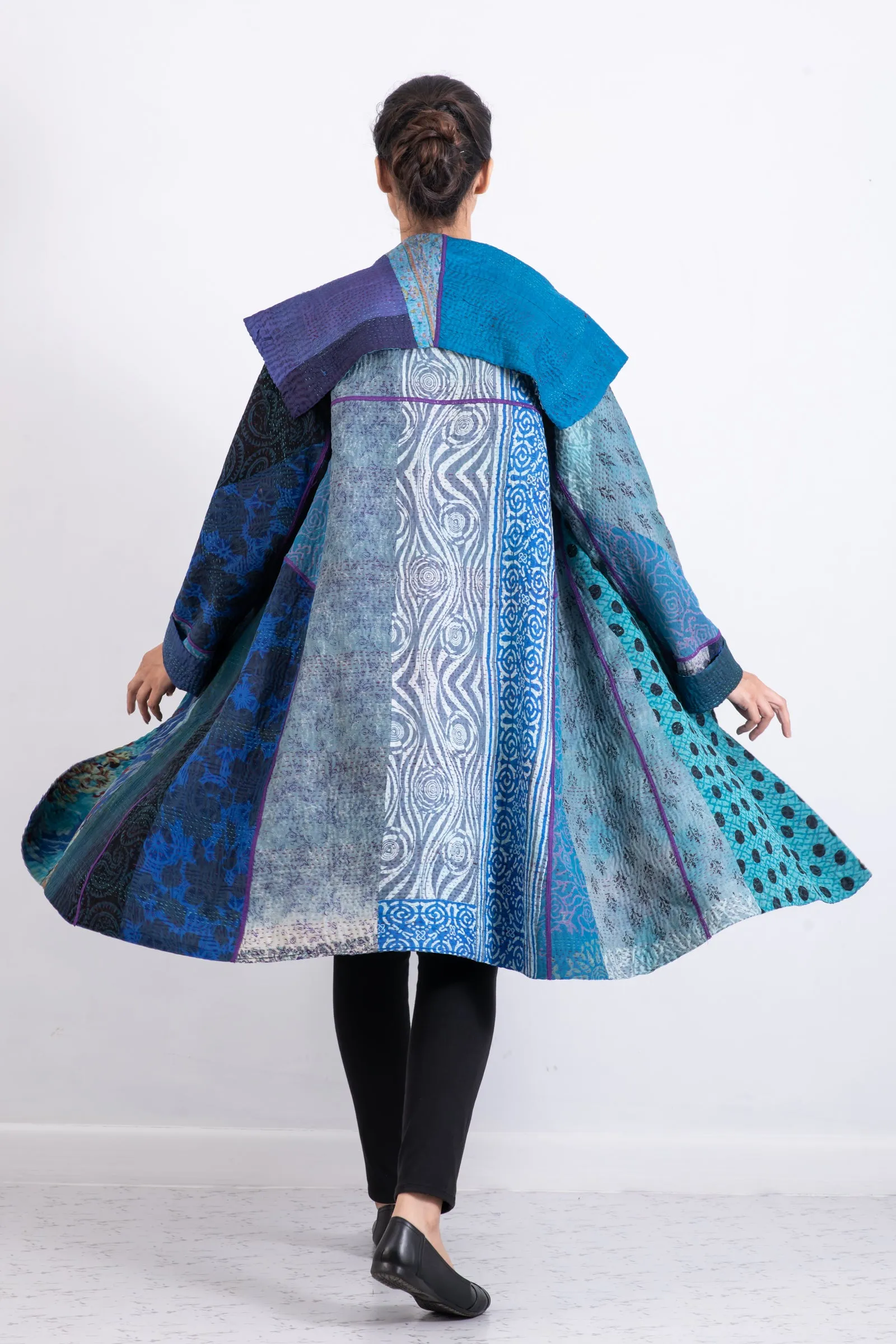 JACQUARD SILK KANTHA A-LINE COAT - js4309-blu -