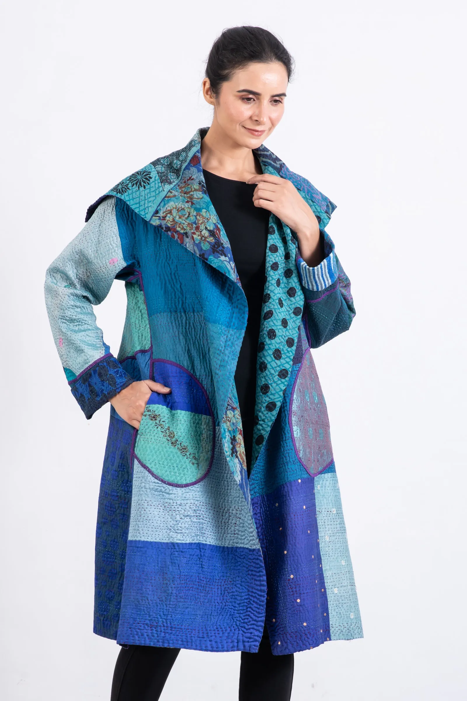 JACQUARD SILK KANTHA A-LINE COAT - js4309-blu -