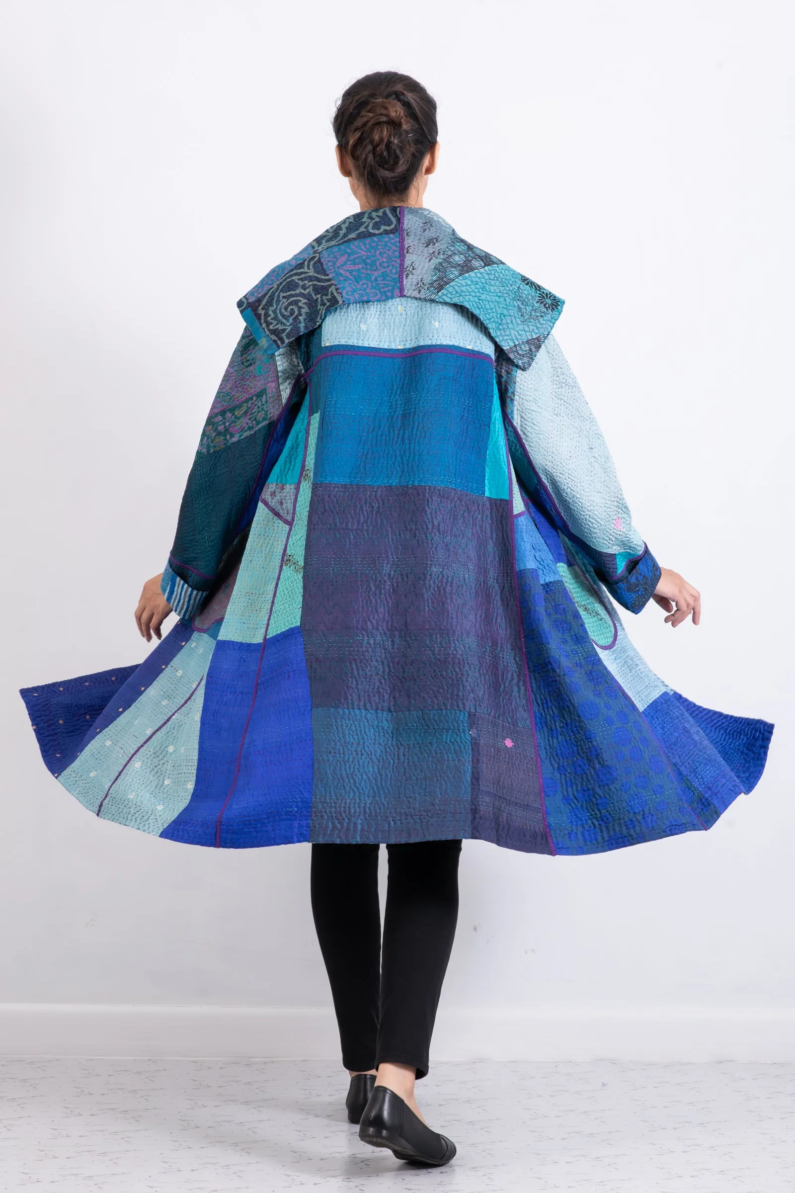 JACQUARD SILK KANTHA A-LINE COAT - js4309-blu -