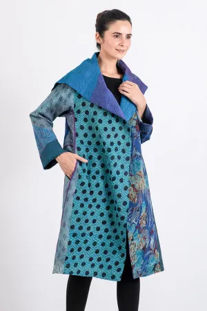 JACQUARD SILK KANTHA A-LINE COAT - js4309-blu -