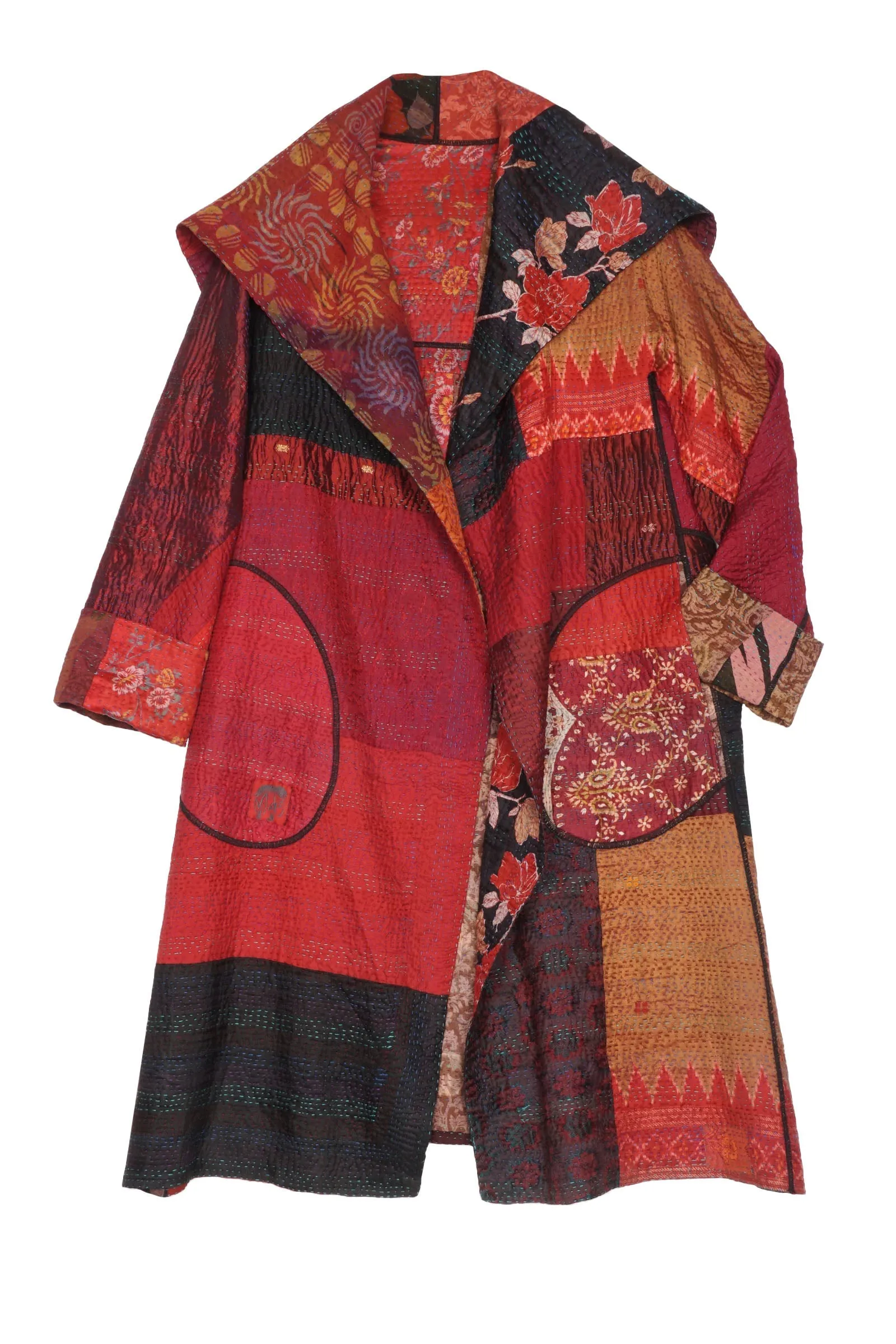 JACQUARD SILK KANTHA A-LINE COAT - js4309-brn -