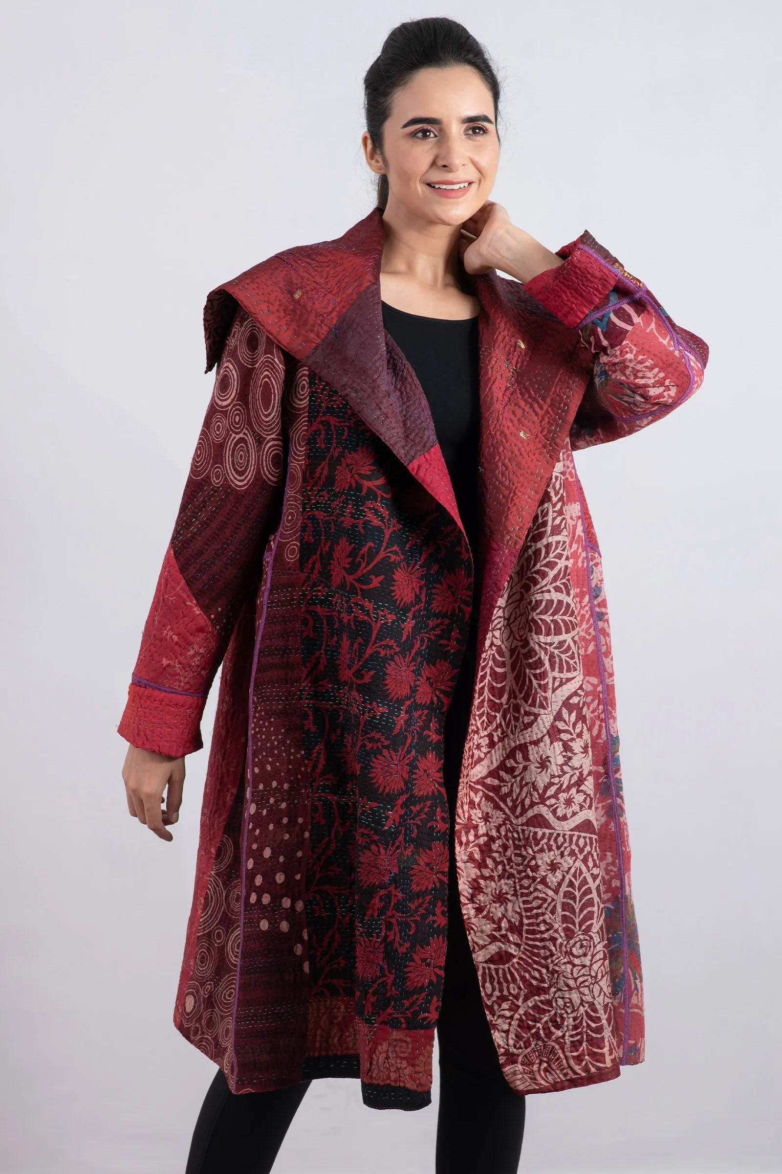 JACQUARD SILK KANTHA A-LINE COAT - js4309-brn -