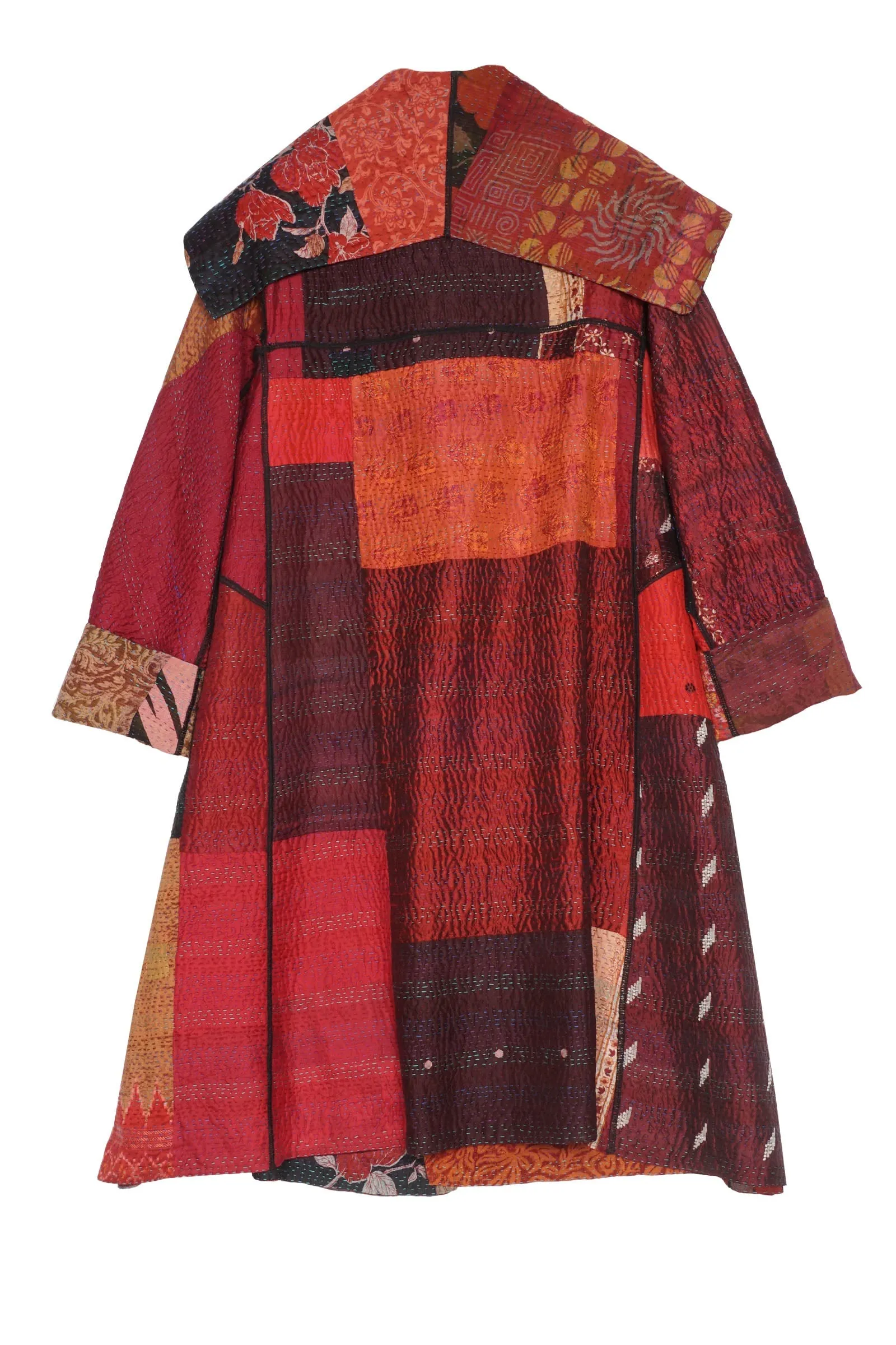 JACQUARD SILK KANTHA A-LINE COAT - js4309-brn -