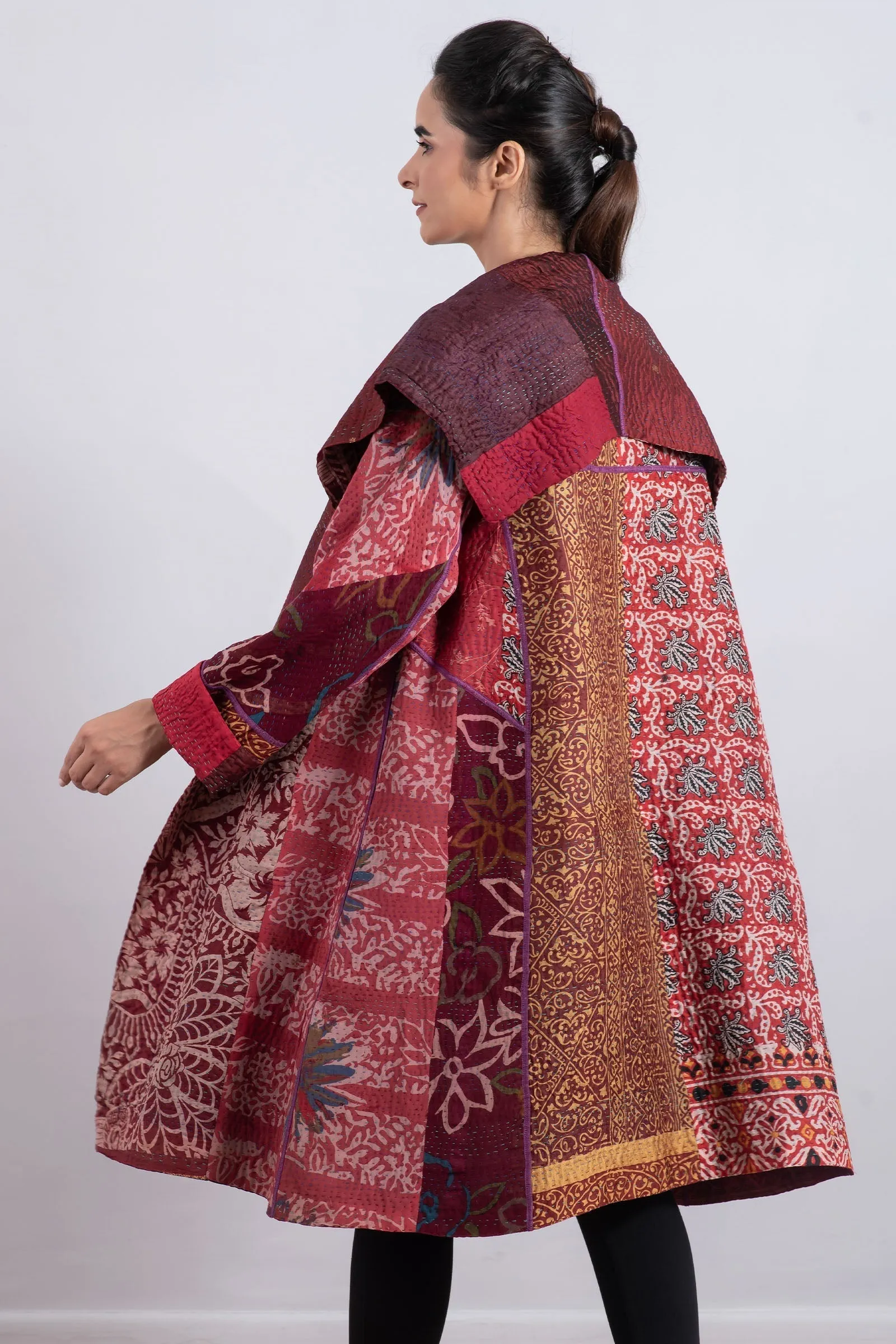 JACQUARD SILK KANTHA A-LINE COAT - js4309-brn -