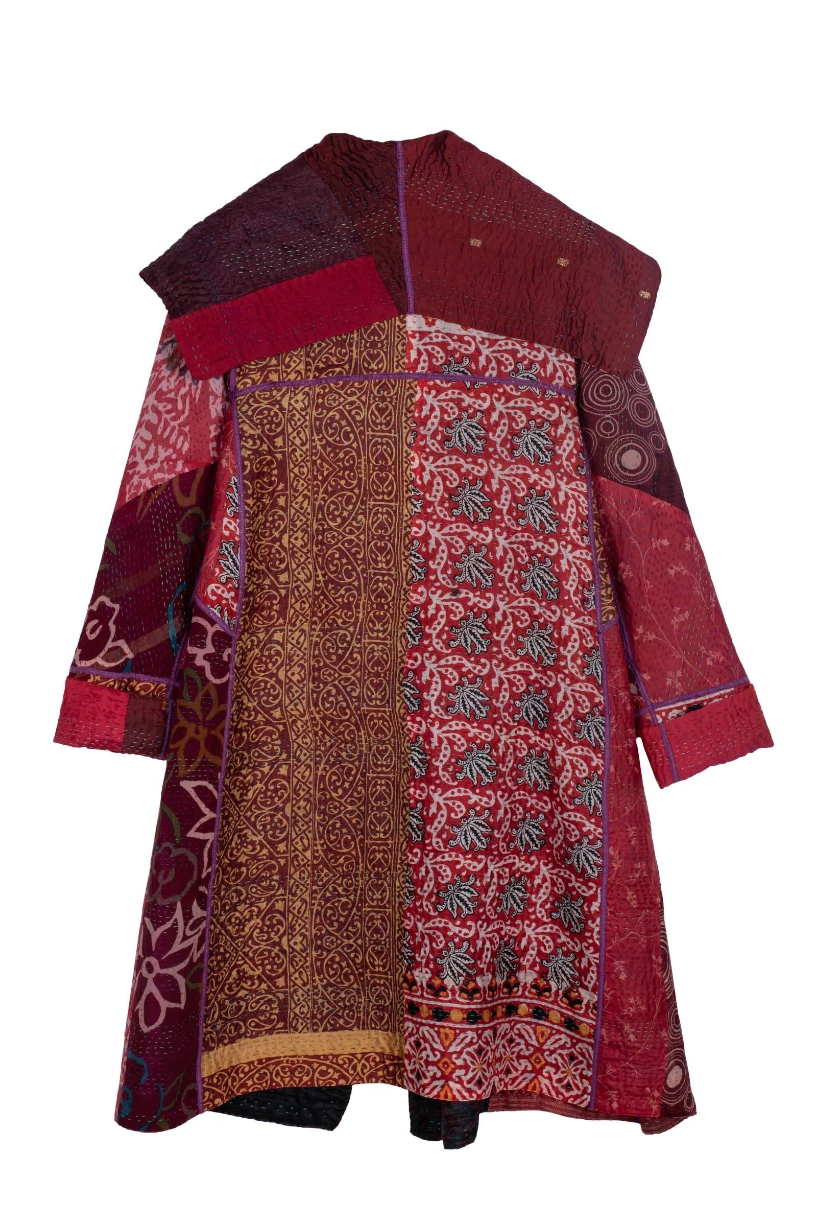 JACQUARD SILK KANTHA A-LINE COAT - js4309-brn -