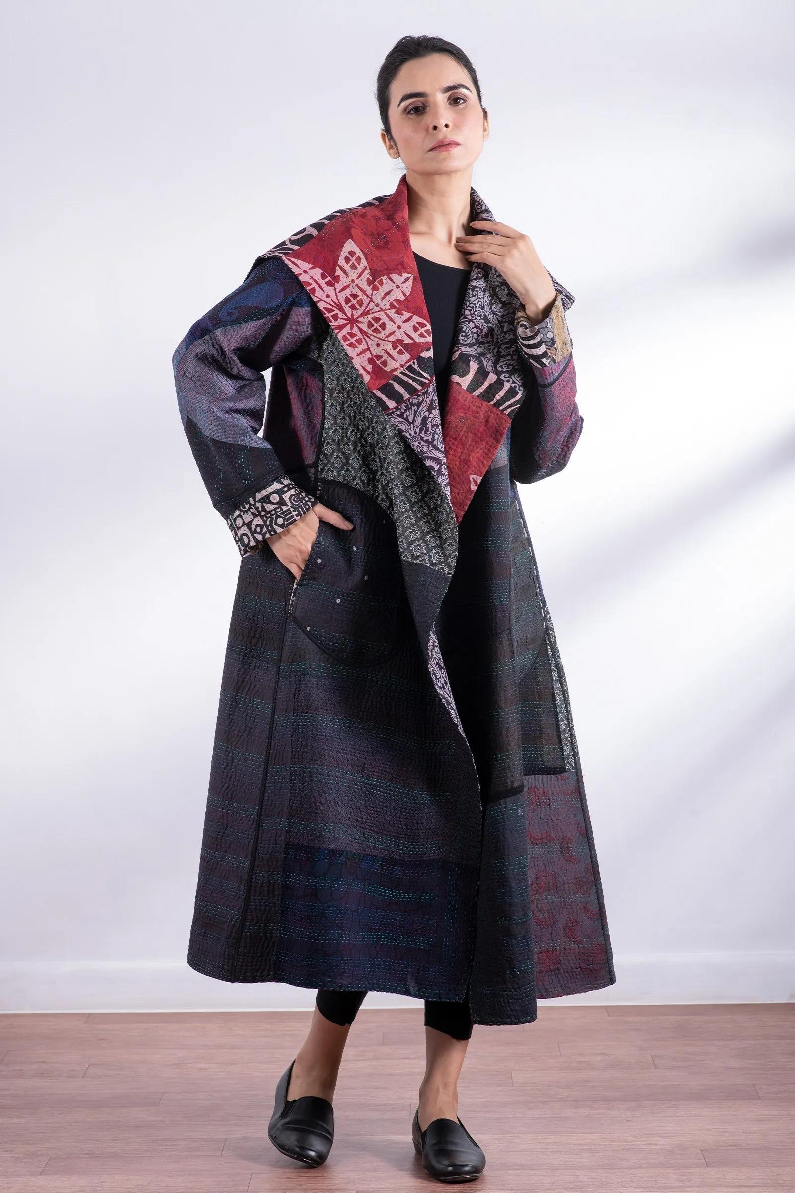 JACQUARD SILK KANTHA A-LINE LONG COAT - js4302-blk -