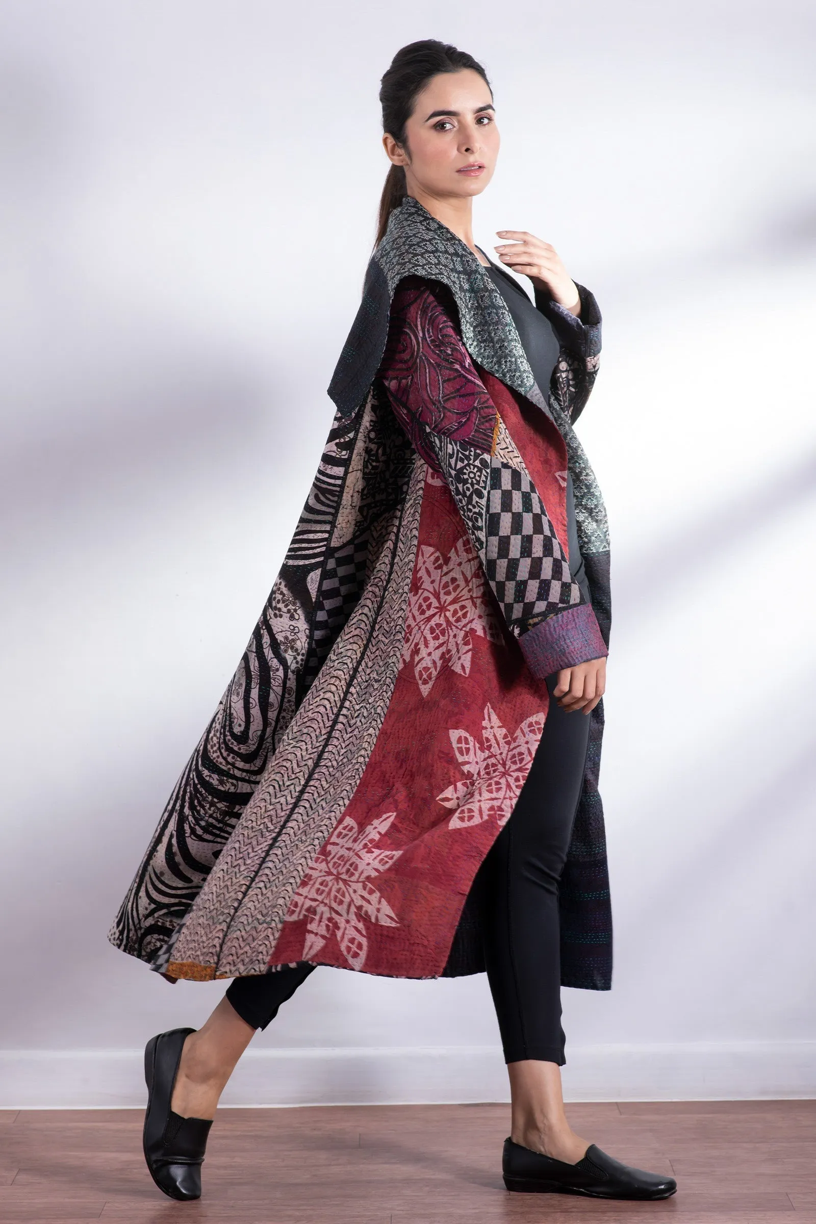 JACQUARD SILK KANTHA A-LINE LONG COAT - js4302-blk -