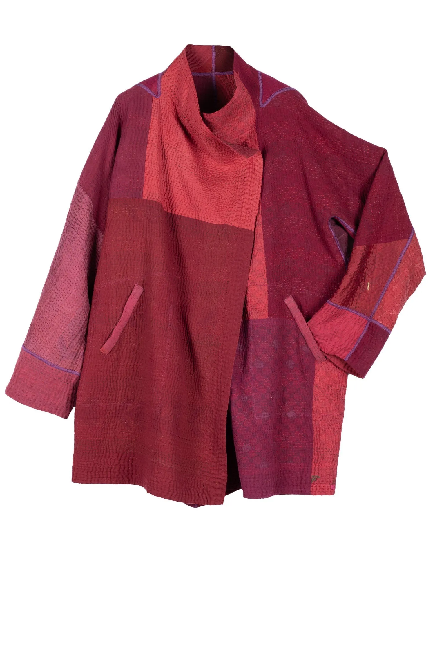 JAIPUR PATCH KANTHA FUNNEL COLLAR COAT - jp4312-red -