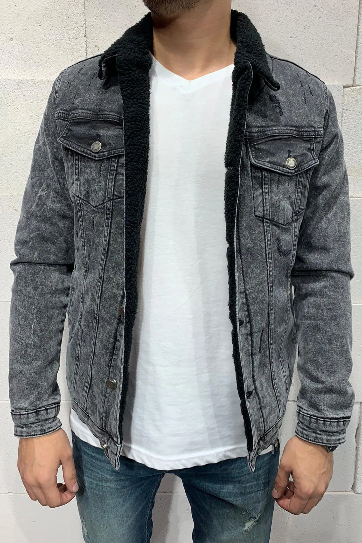 Jeansjacke mit Teddyfell Dunkelgrau M4836