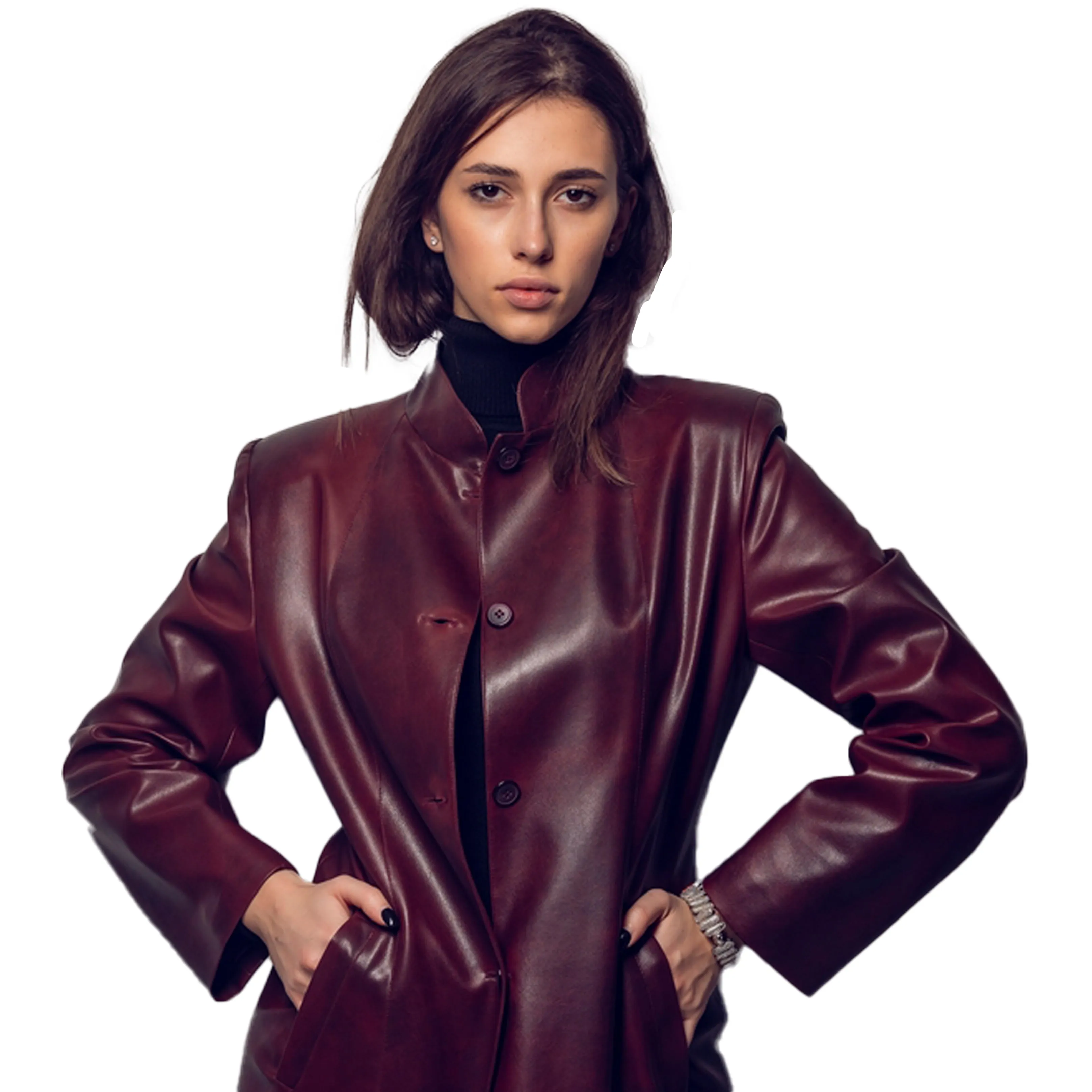 Kasper Women's Genuine Leather Long Coat Burgundy