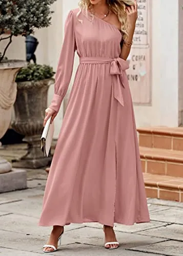 KIRUNDO Women's Satin Long Sleeve One Shoulder Maxi Dress Asymmetrical Tie Waist Slit Party Cocktail Long Formal Prom Dress(Dusty Pink, Large)