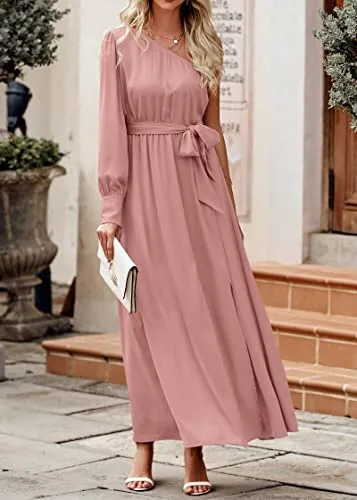 KIRUNDO Women's Satin Long Sleeve One Shoulder Maxi Dress Asymmetrical Tie Waist Slit Party Cocktail Long Formal Prom Dress(Dusty Pink, Large)