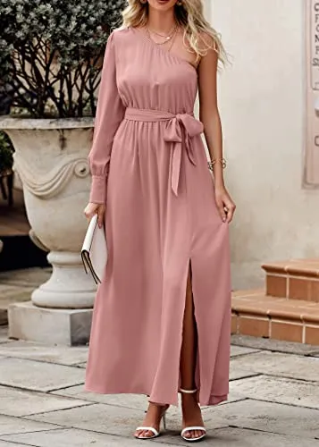 KIRUNDO Women's Satin Long Sleeve One Shoulder Maxi Dress Asymmetrical Tie Waist Slit Party Cocktail Long Formal Prom Dress(Dusty Pink, Large)