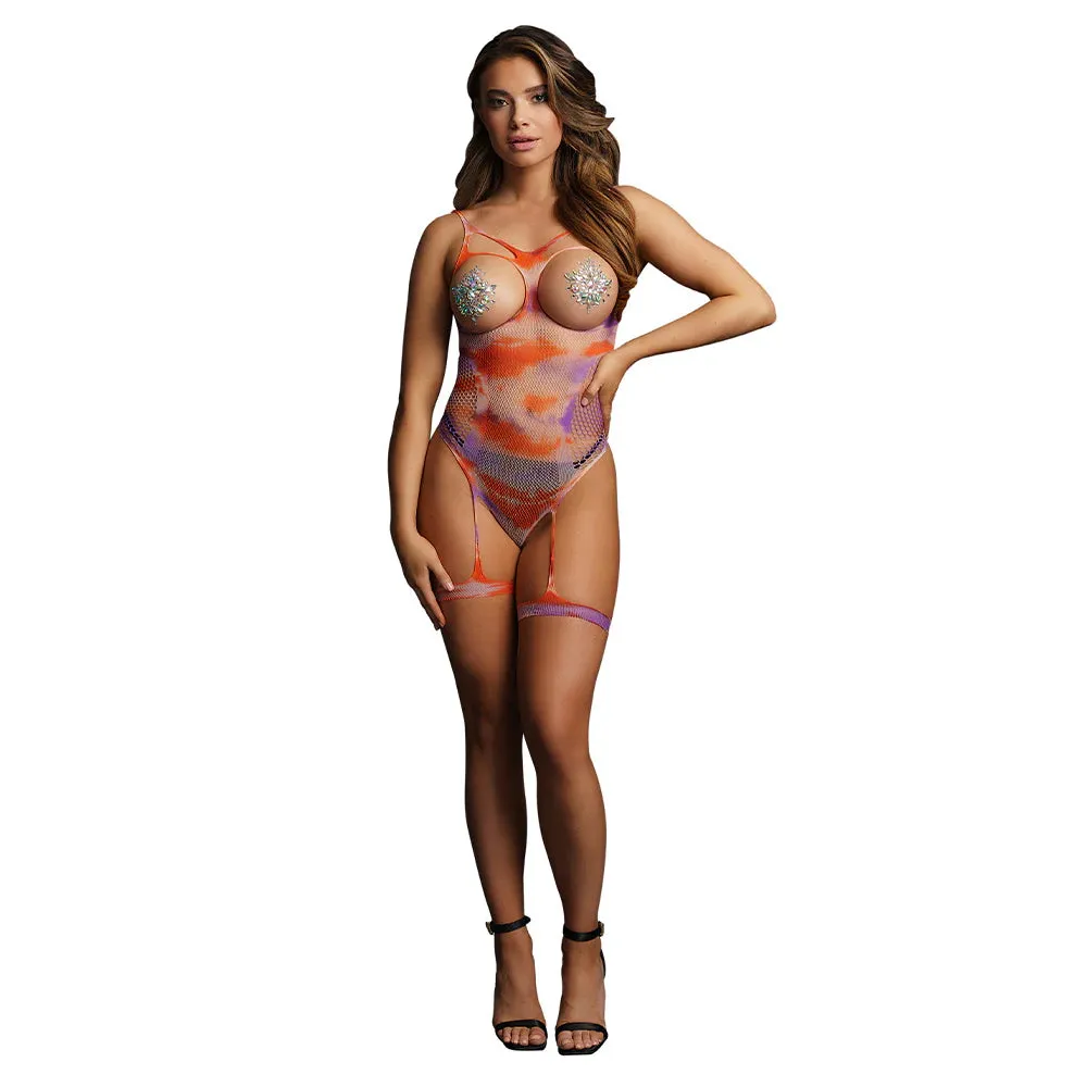 Le Désir Open-Cup Tie Dye Strappy Teddy & Nipple Bling in O