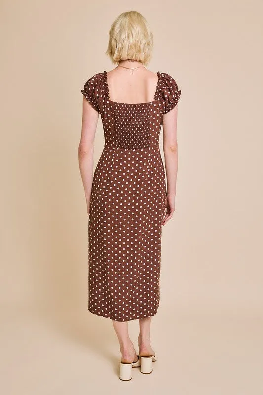 Lydia Short Sleeve Button Down Polka Dot Print Midi Dress Brown