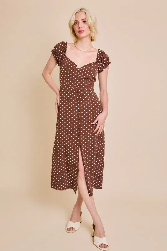 Lydia Short Sleeve Button Down Polka Dot Print Midi Dress Brown