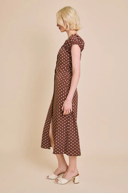 Lydia Short Sleeve Button Down Polka Dot Print Midi Dress Brown