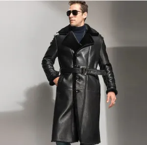 Men's Black Sheepskin Shearling Coat - Long Leather Overcoat