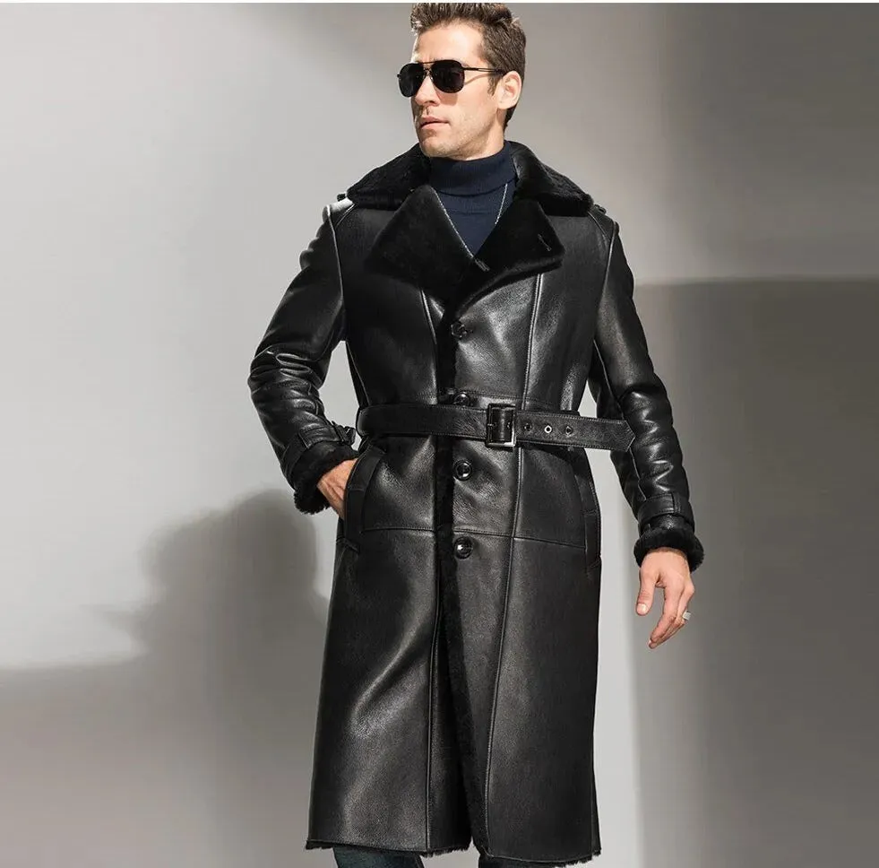 Men's Black Sheepskin Shearling Coat - Long Leather Overcoat