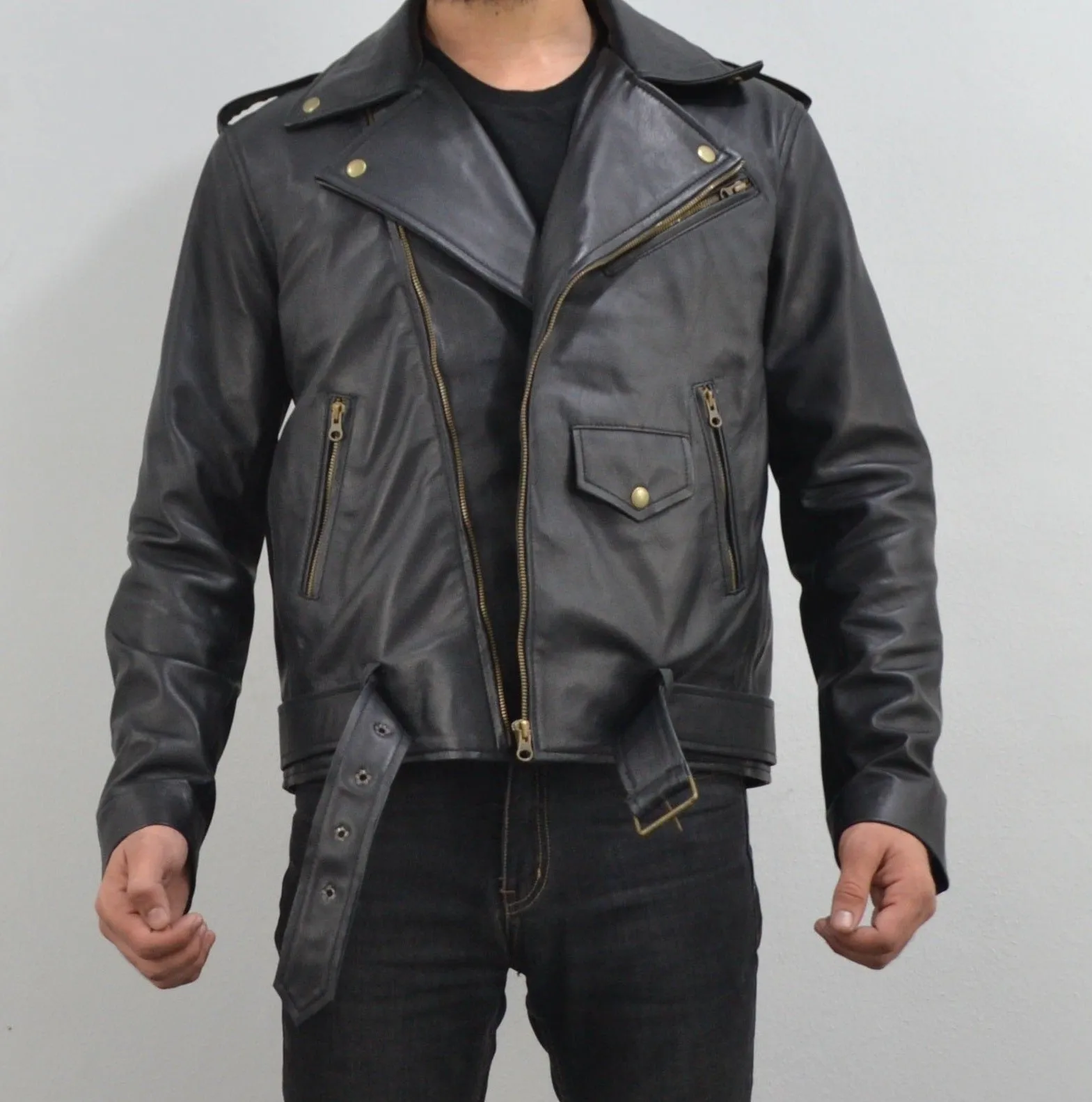 Men's Motorcycle Black Belted Genuine Leather Biker Jacket