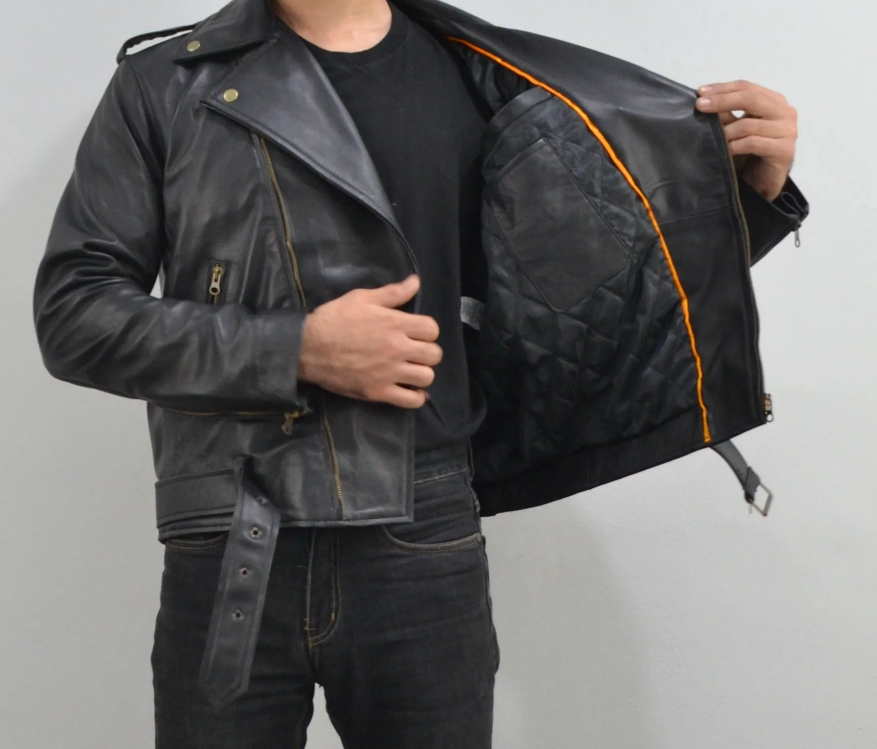 Men's Motorcycle Black Belted Genuine Leather Biker Jacket