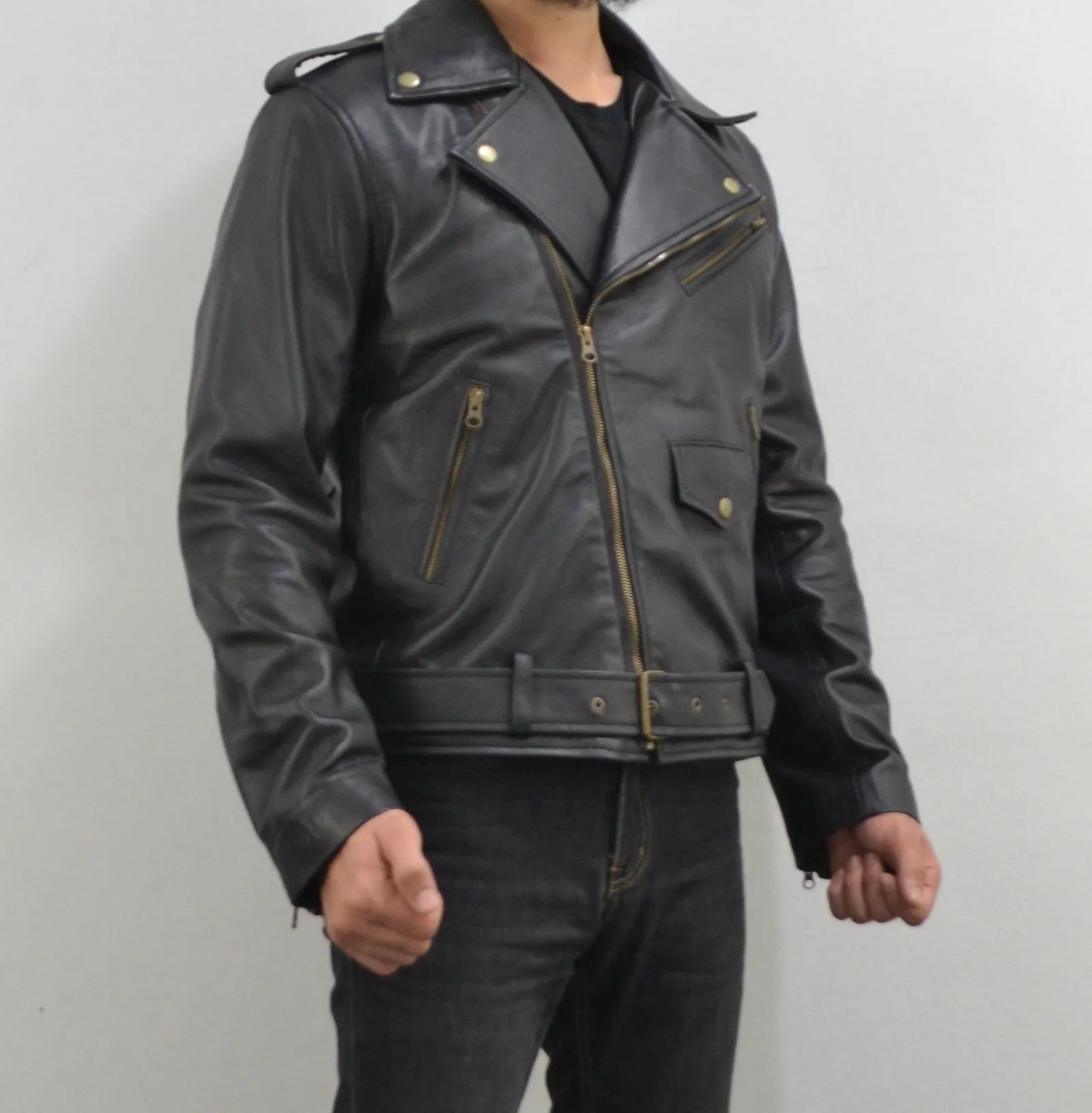 Men's Motorcycle Black Belted Genuine Leather Biker Jacket