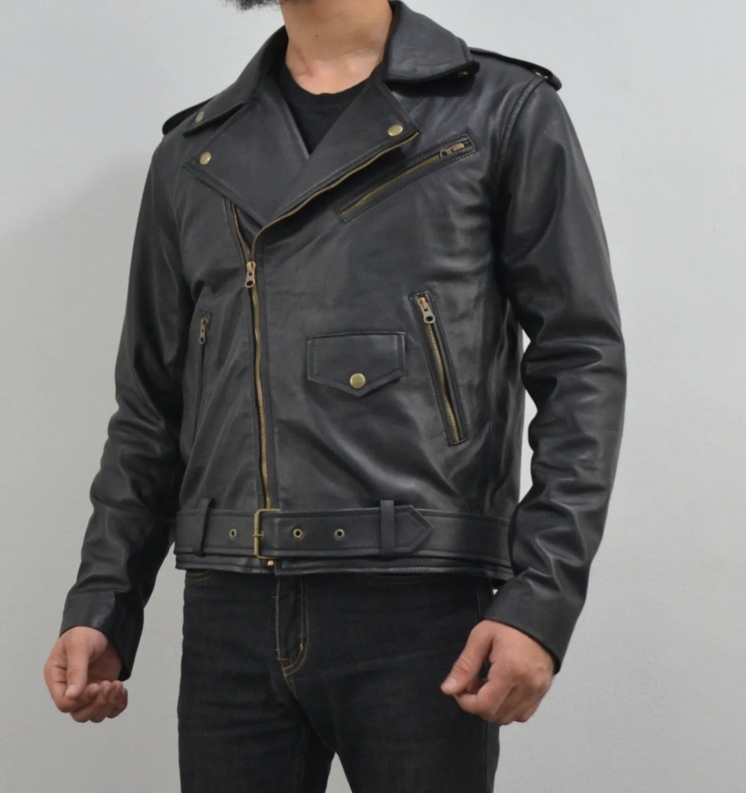 Men's Motorcycle Black Belted Genuine Leather Biker Jacket