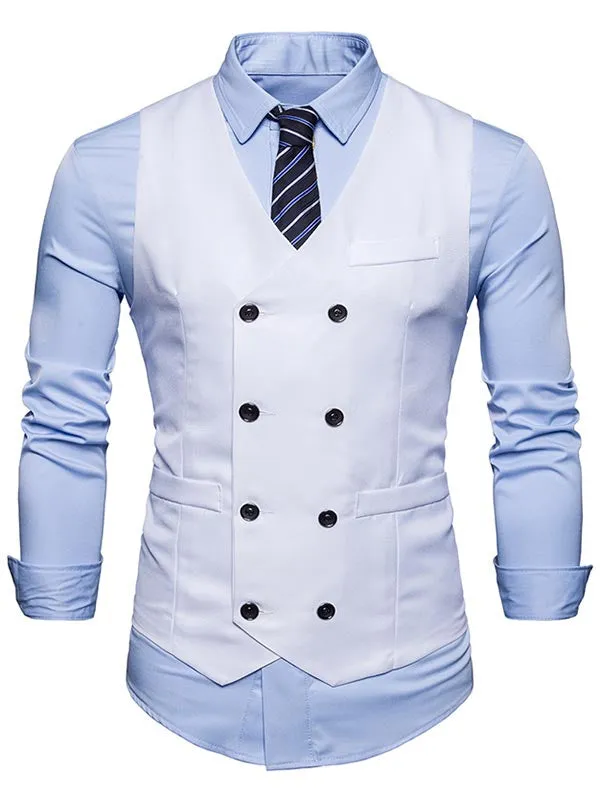 Men's V Neck Double Breasted Faux Twinset Waistcoat