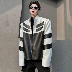 Menswear Classic High Street Retro Style Streetwear Korean Fashion Zip Collar Black & White Vegan Leather Jacket For Men's