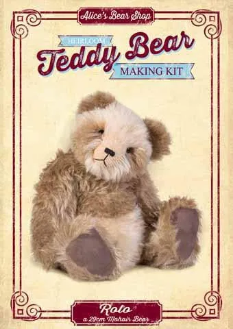 Mohair Teddy Bear Kit - Rolo - 29cm when made,  Brown & Cream, Pre Cut Mohair Fabric