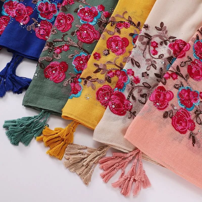 MSL295 embroidery hot stamping Imitation cotton linen hijab tassel scarf