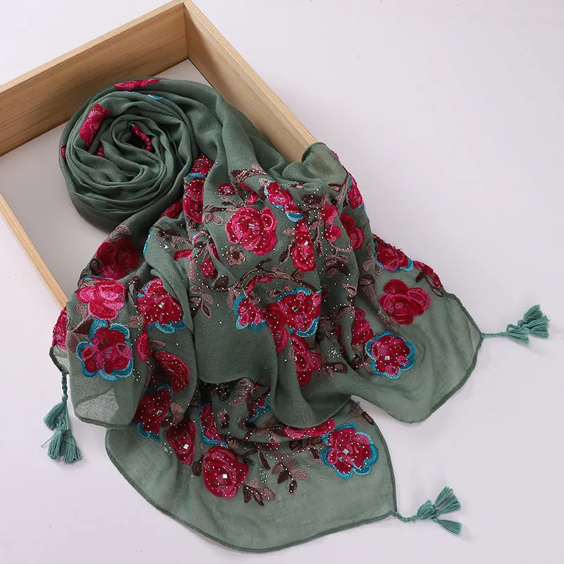 MSL295 embroidery hot stamping Imitation cotton linen hijab tassel scarf