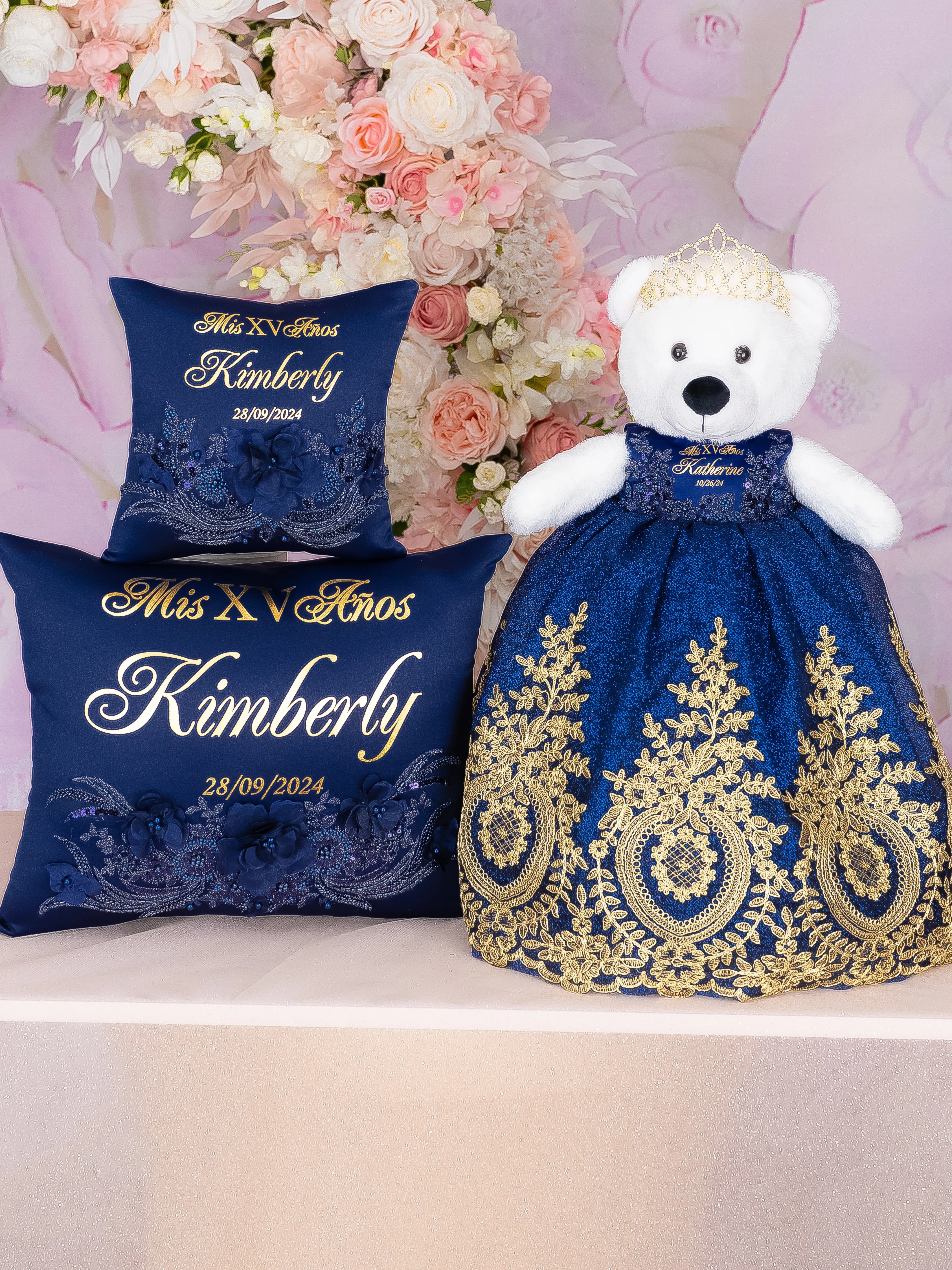 Navy Blue with gold Quinceanera pillows set and teddy bear