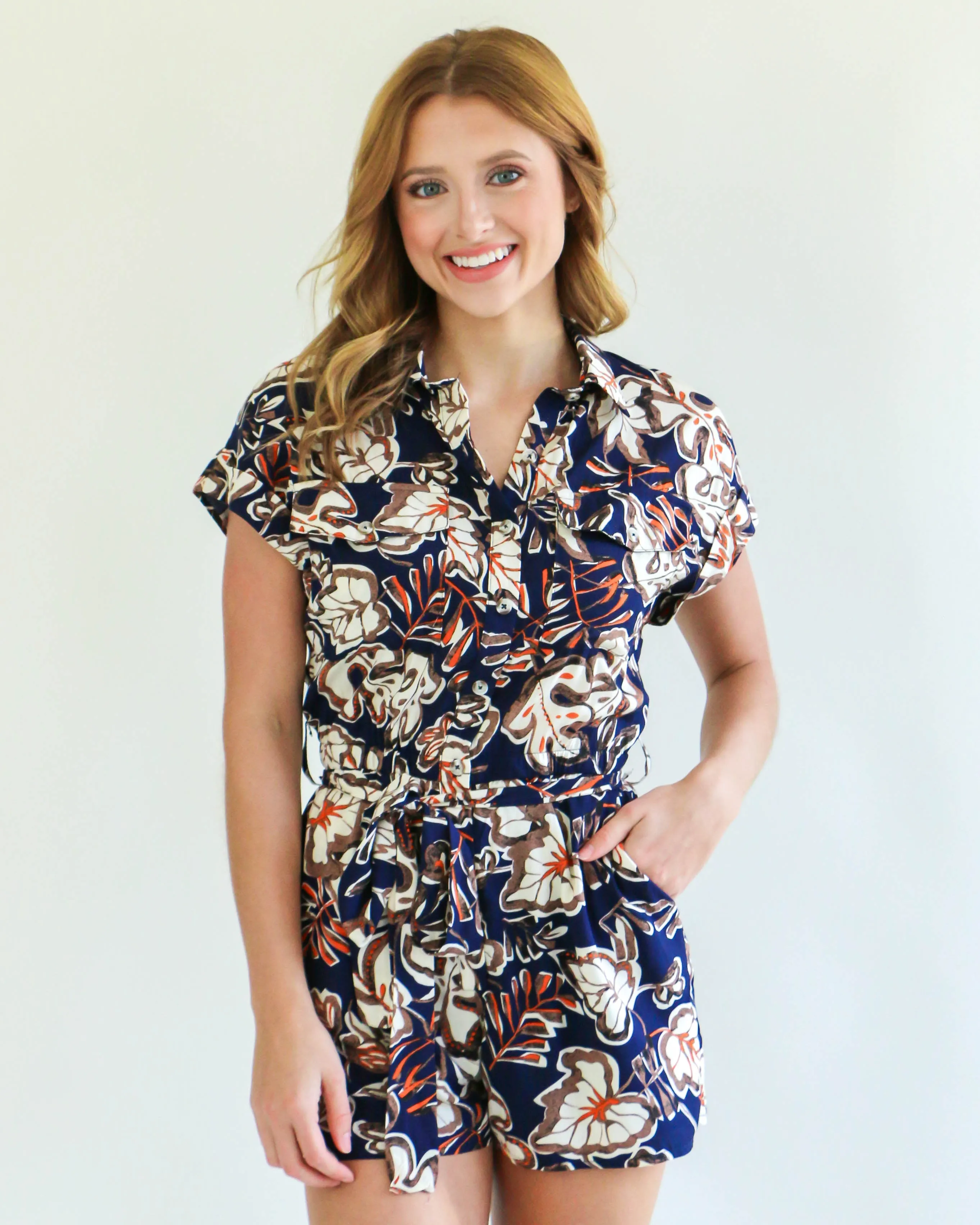 Navy Romper with Tan Floral Print