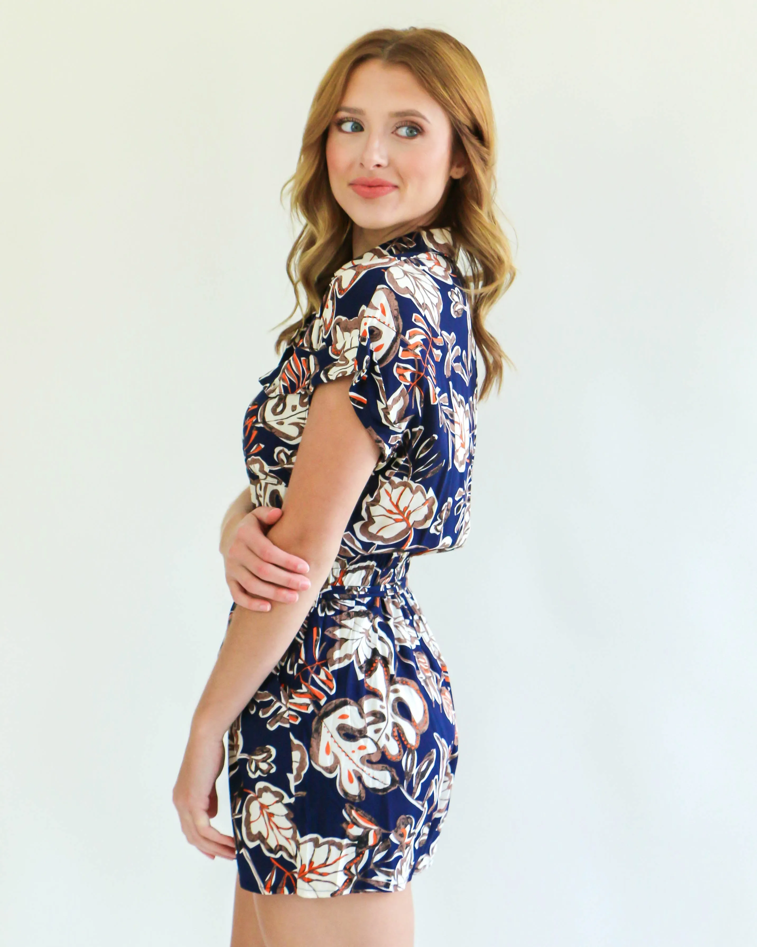 Navy Romper with Tan Floral Print