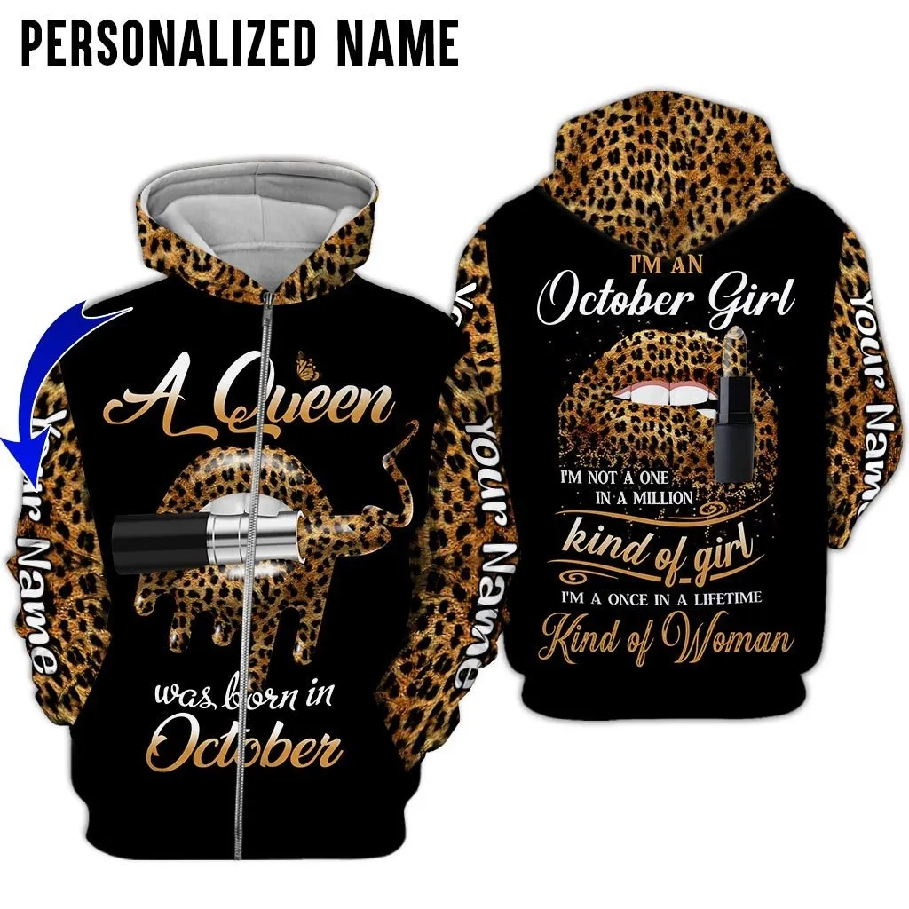 Personalized Name Birthday Outfit October Girl Leopard Skin Lipstick  All Over Printed Birthday Shirt