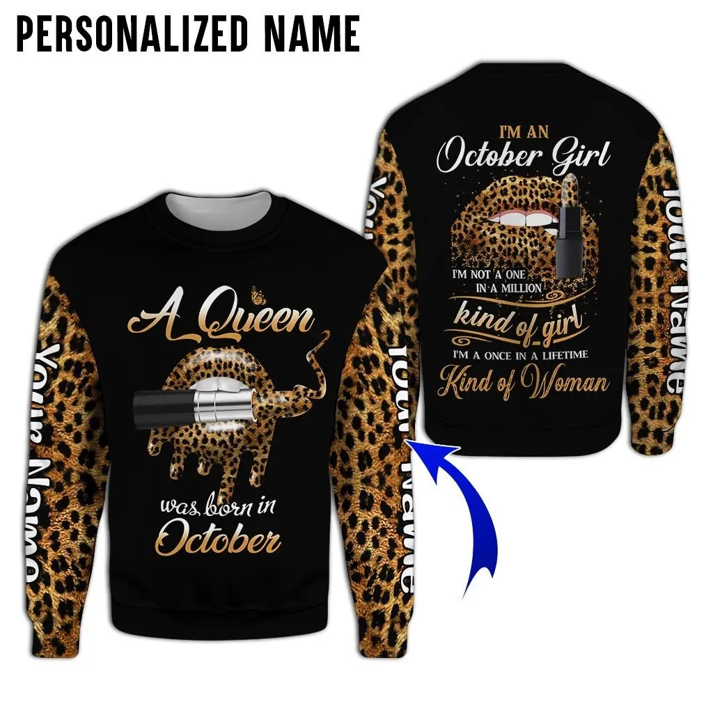 Personalized Name Birthday Outfit October Girl Leopard Skin Lipstick  All Over Printed Birthday Shirt