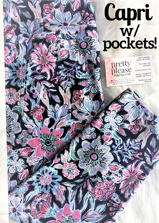 Pink Blooms in Tropical Blues Capri Super SOFT Leggings Palm Jungle OS TC Plus rts