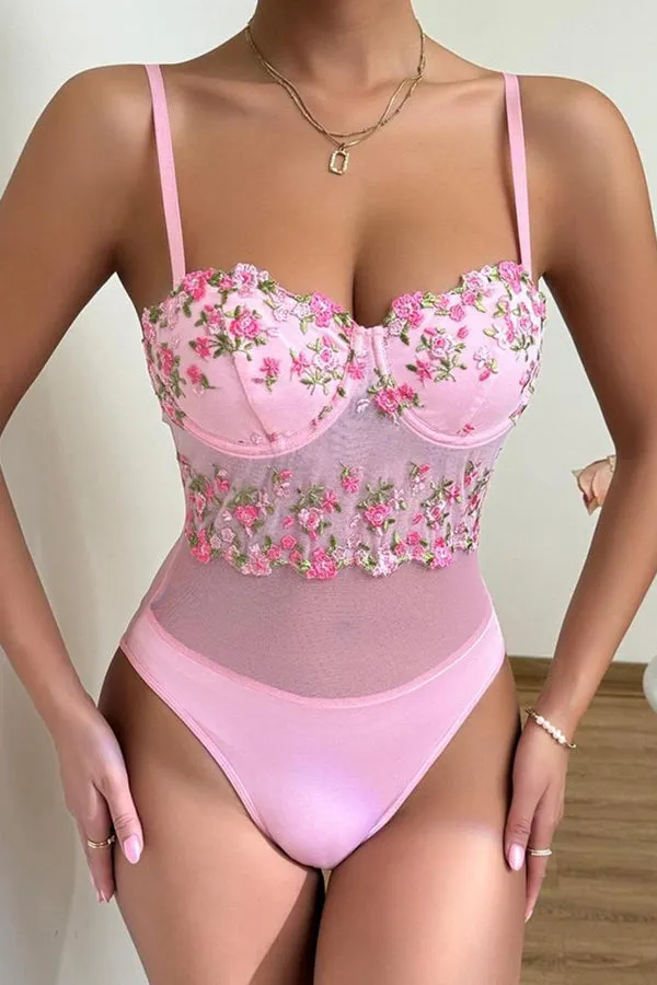 Pink Mesh Teddy with Mesh Floral Embroidery Bustier Top