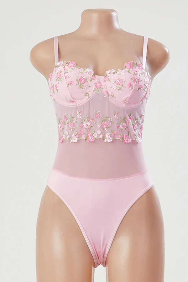 Pink Mesh Teddy with Mesh Floral Embroidery Bustier Top