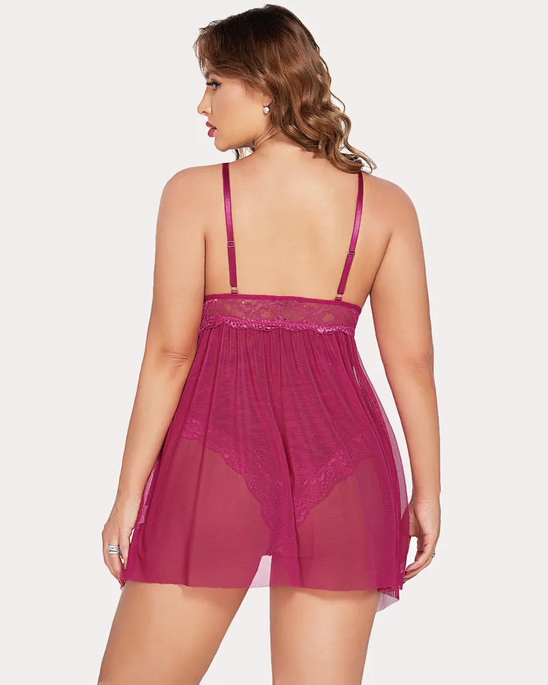 Plus Size Snap Crotch V Neck Lace Nighty