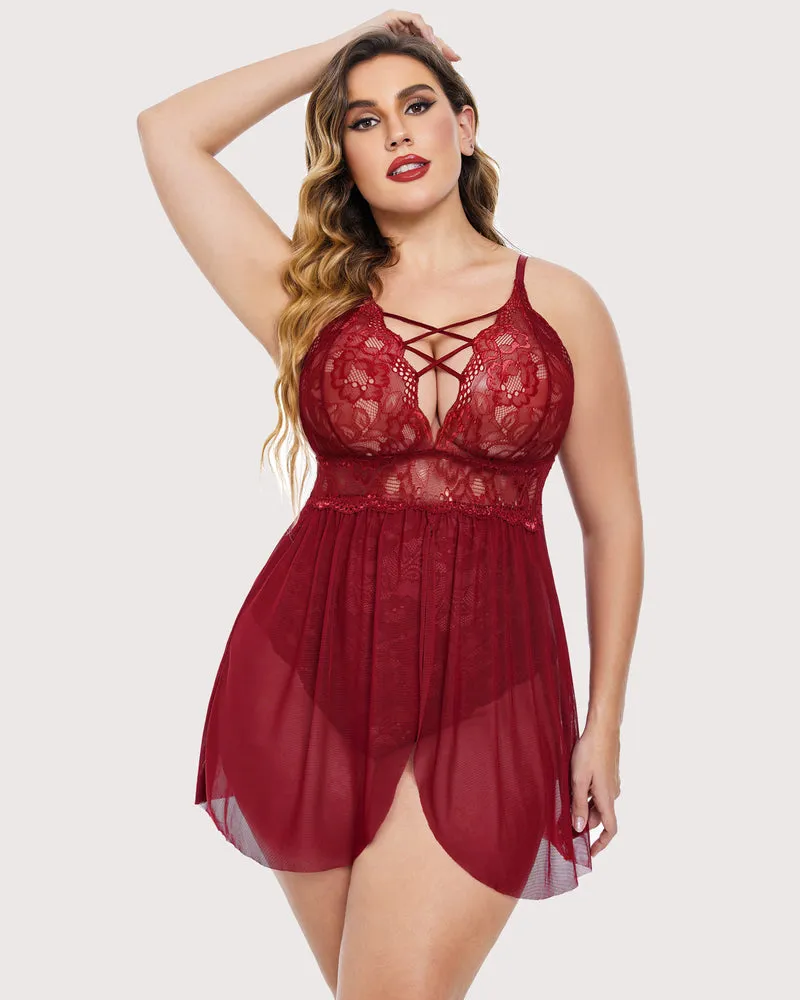 Plus Size Snap Crotch V Neck Lace Nighty