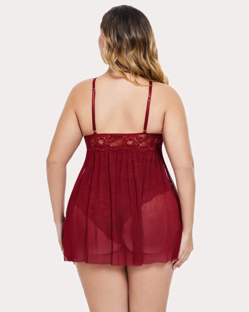 Plus Size Snap Crotch V Neck Lace Nighty