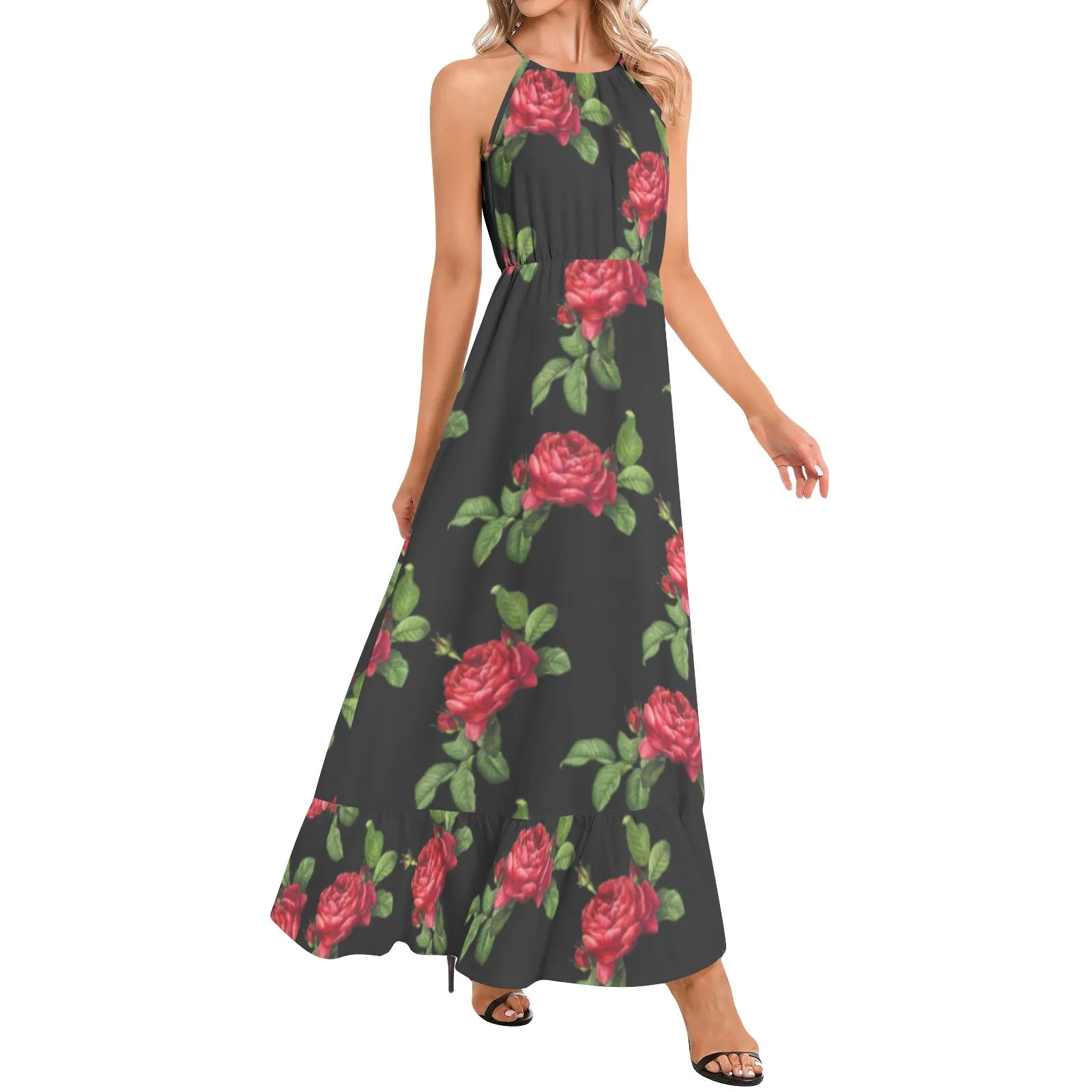 Red Roses Ruffle Hem Halter Neck Maxi Dress