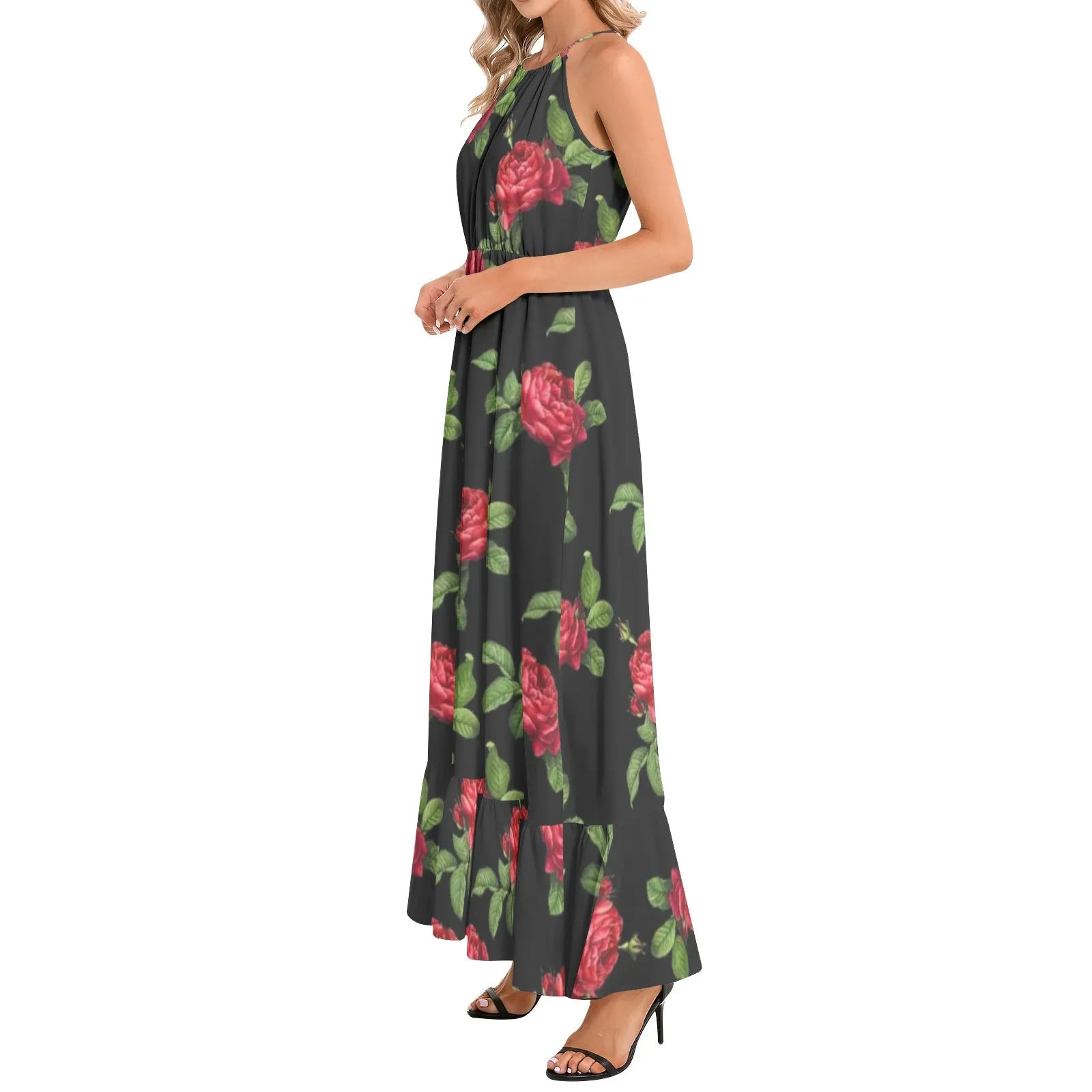 Red Roses Ruffle Hem Halter Neck Maxi Dress