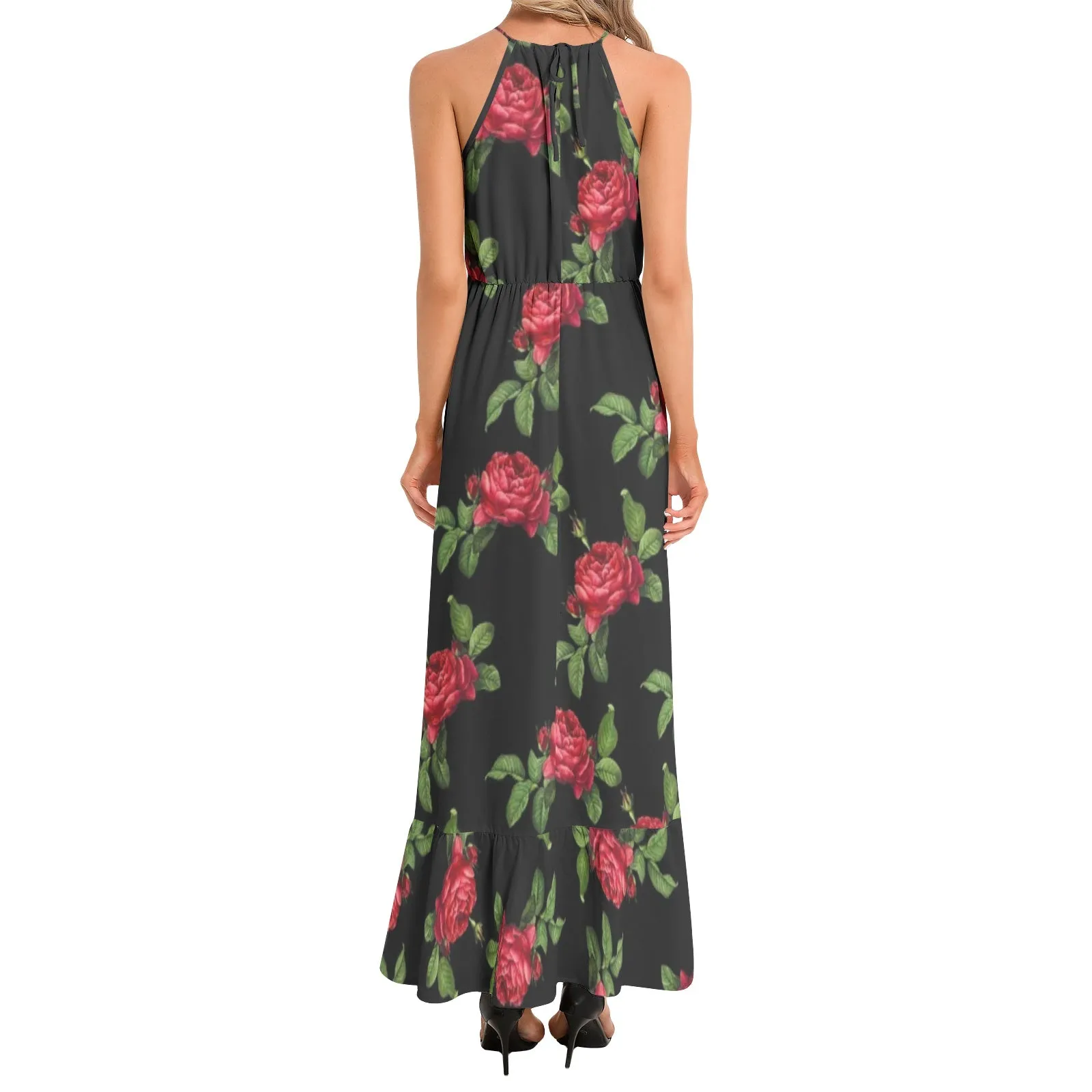 Red Roses Ruffle Hem Halter Neck Maxi Dress