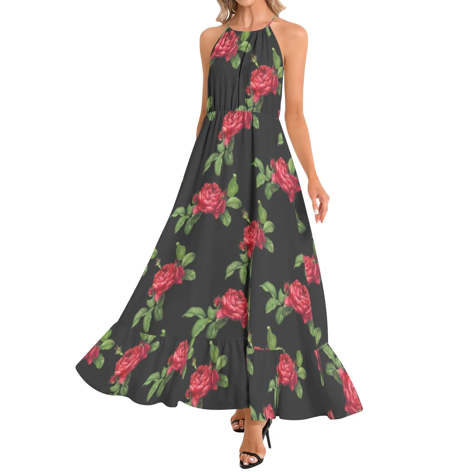 Red Roses Ruffle Hem Halter Neck Maxi Dress